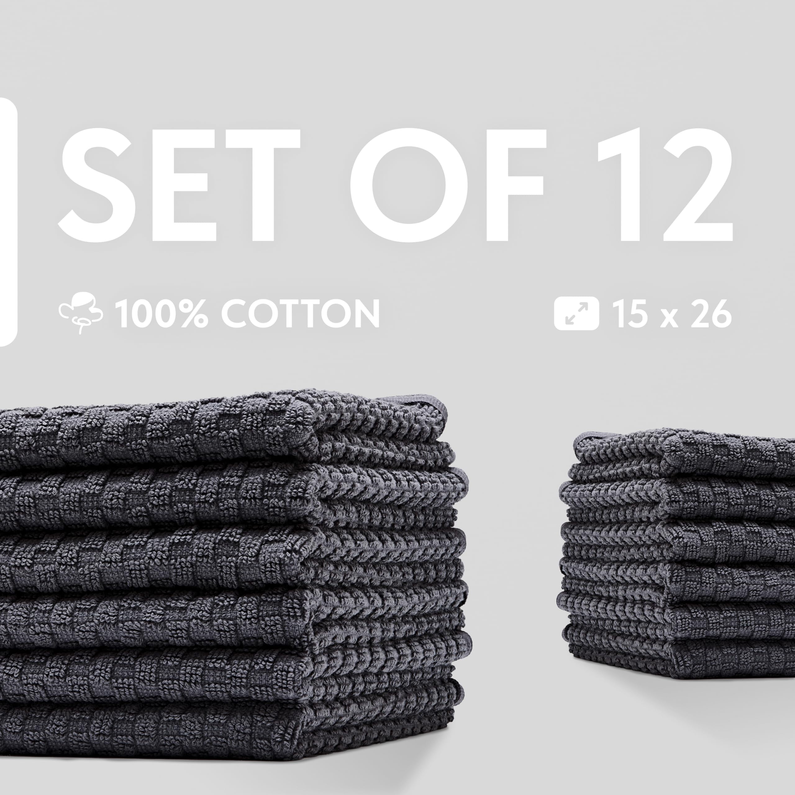White Classic Absorbent Kitchen Towels 12 Pack - Premium 100% Cotton Dish Towels, 450GSM Thick Machine Washable Kitchen Cloth for Drying, Cleaning, Dobby Weave, Super Quality 15x26 in - Gray