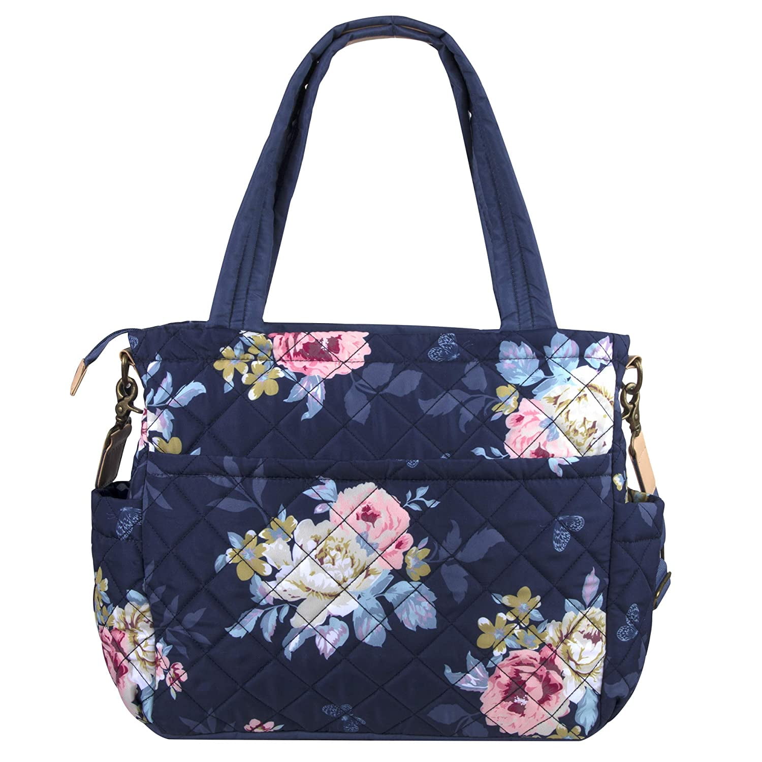 Baby Essentials 3 Piece Multi-Pocket Quilted Diaper Bag Tote with Removable Luggage Strap and Matching Striped Changing Pad in Navy Blue Floral