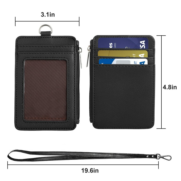 ELV Badge Holder with Zipper, PU Leather ID Badge Card Holder Wallet with 5 Card Slots, 1 Side RFID Blocking Pocket and 20 inch Neck Lanyard Strap for