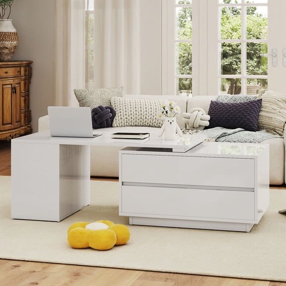 Uforic High Gloss Extendable Coffee Table with LED Lights& Storage Drawers for Living Room, White