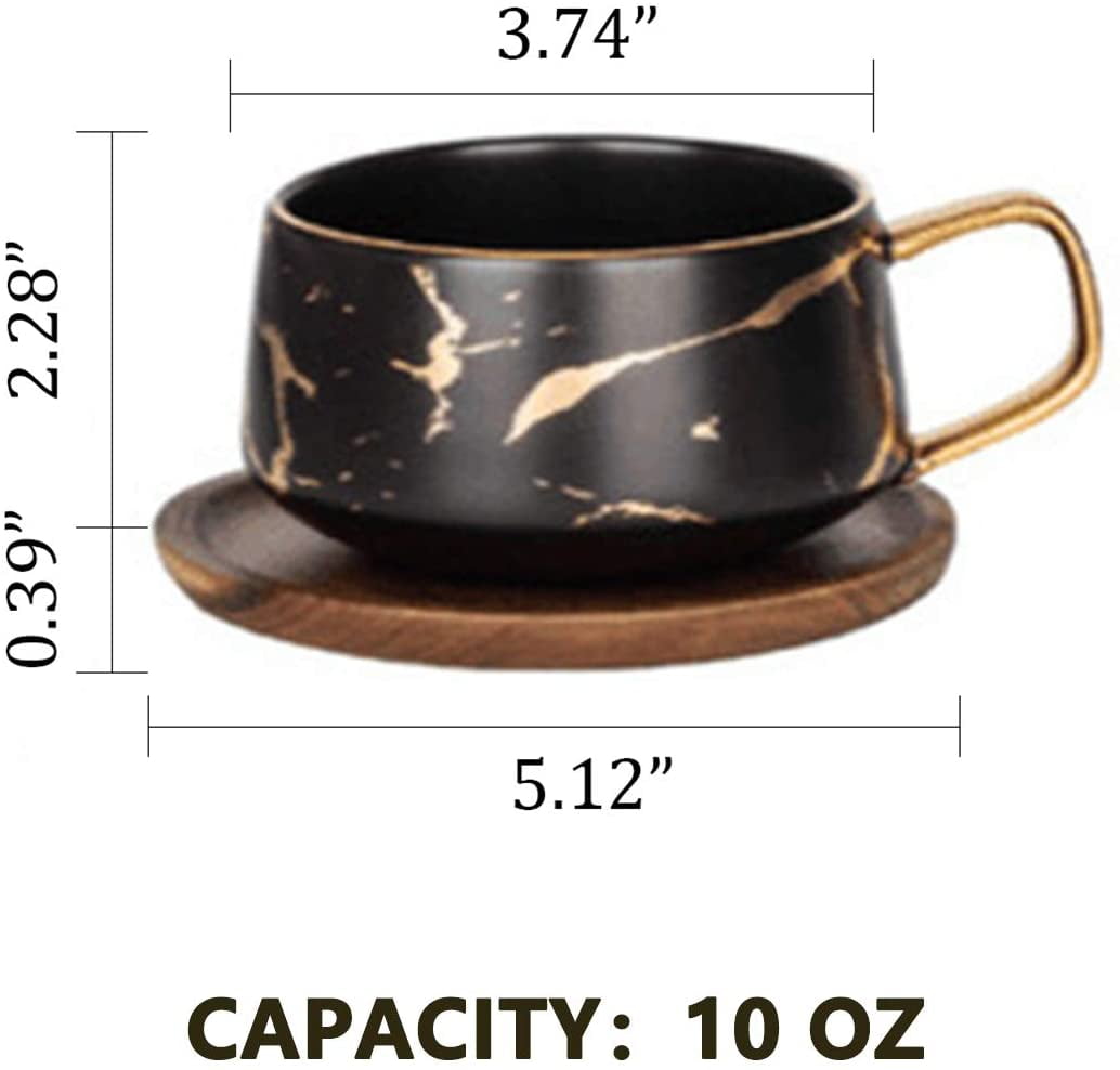 10 oz Marbling Ceramic Coffee Mugs Porcelain Teacup Milk Cups Matte Gold Handle with Wood Saucers/Black 