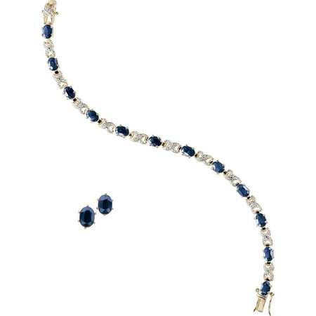 Gold and Rhodium Plated Sapphire Ovals with Diamond Accent Bracelet with Oval Earring Set, 7