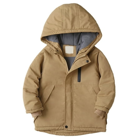Mrzhqd Coat For Boys Toddler Size 7-8 Years Kids Girls Winter Thicken Solid Hooded Jacket Windproof Thick Warm Outwear Long Sleeve Crew Neck Cute Print Boy Coat Khaki