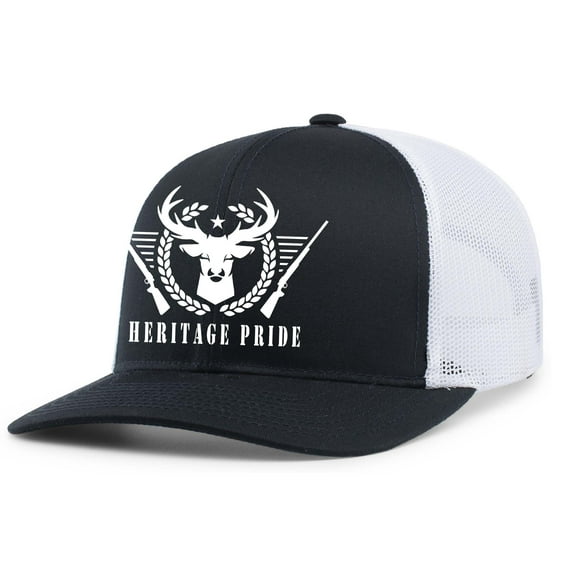 Heritage Pride Deer Head with Guns Antlers Outdoors Mens Embroidered Mesh Back Trucker Hat, Navy/White