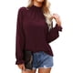 thumbnail image 2 of Top de manga larga para mujer, cuello simulado con volantes, manga acampanada, poliéster transpirable, color puro, blusa suelta para mujer para el trabajo diario, rojo vino M, 2 of 9