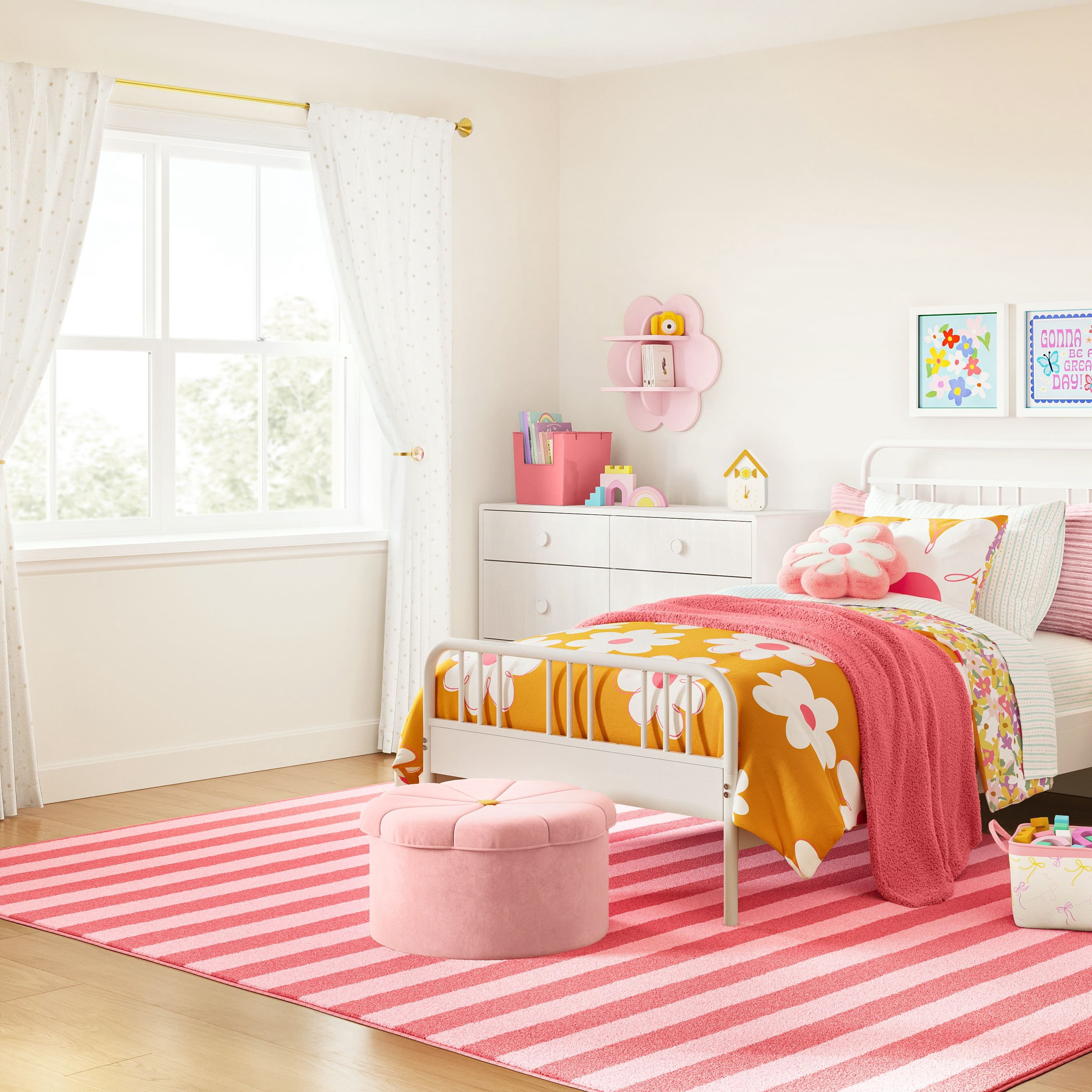 Mainstays Kids Daisy Pink Plush Fantasy Fun Ottoman with Hidden Storage