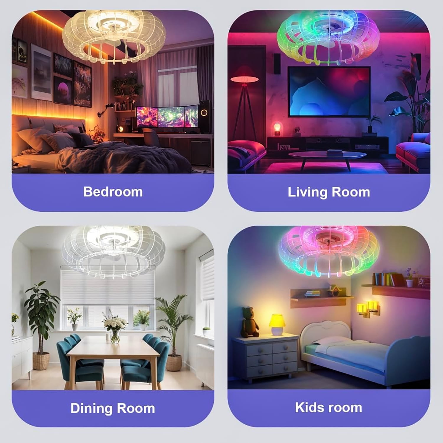 21-inch Low Profile Bladeless Ceiling Fan with Light, Bluetooth Speaker, Remote Control, 6 Wind Speeds, Dimmable LED with RGB Colors, Reversible Quiet Motor for Bedroom, Living Room, Kids Room