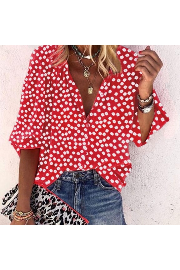 Lilgiuy Women Fashion V Neck Floral Printed 3/4 Sleeve Shirt Loose Blouse Top