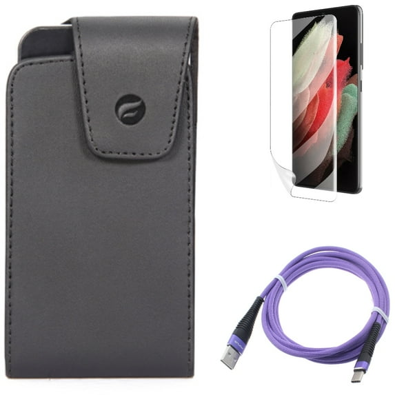 6ft USB Cable & Case Belt Clip & Matte Screen Protector for Samsung Galaxy S22 Plus (S22+) - Combo Purple Type-C Charger Cord & Leather Swivel Holster & TPU Film Anti-Glare