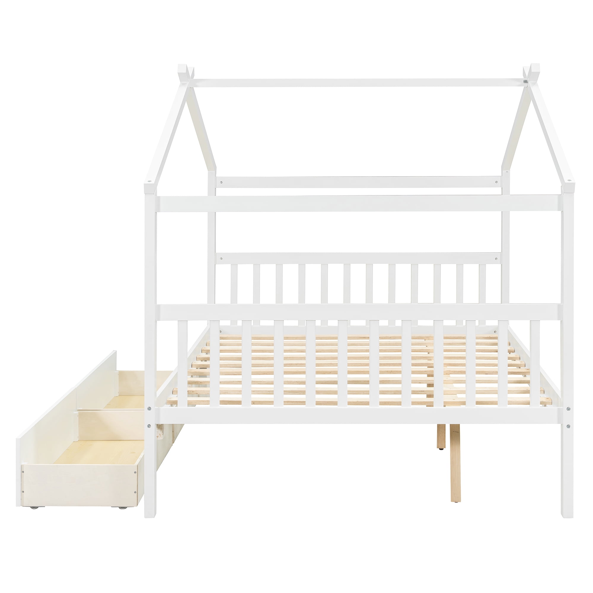 Aukfa Full Size House Bed with Two Storage Drawers for Kids, Solid Wood Montessori Bed Frame, White