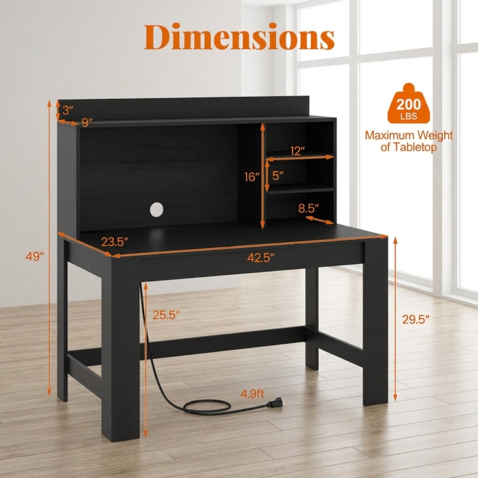 Furnibear Modern Computer Desk with Hutch and Home Office Desk with Storage Shelves Charging Station and USB Ports for Study and Bedroom, Black