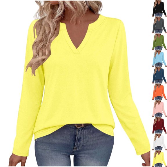 Perfectbot Women's Long Sleeve V-Neck Basic Tee, Relaxed Fit Soft Jersey T-Shirt with Flowy Hem