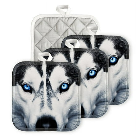 

Bahomeck Pot Holder 4Pcs Black And White Siberian Husky With Striking Blue Eyes Square Heat Resistant Hot Pads For Kitchen Cooking Oven With Hanging Loop Potholder Easy To Store