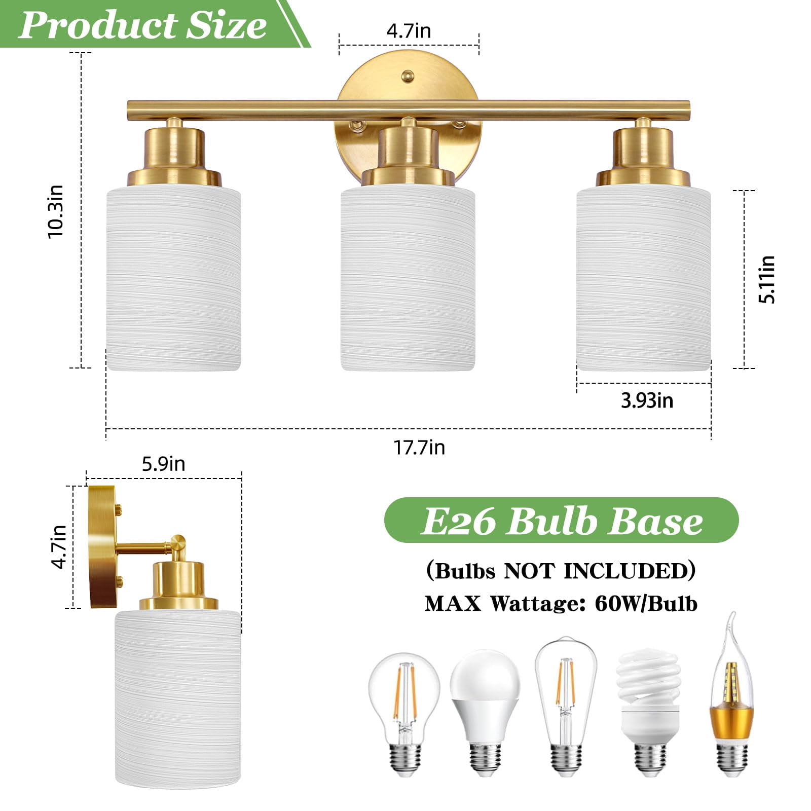3-light Bathroom Light Fixtures  Vanity Lights For Mirror With Textured Milky White Glass Shade Modern Kitchen Wall Sconce - E26 Base Brushed Gold