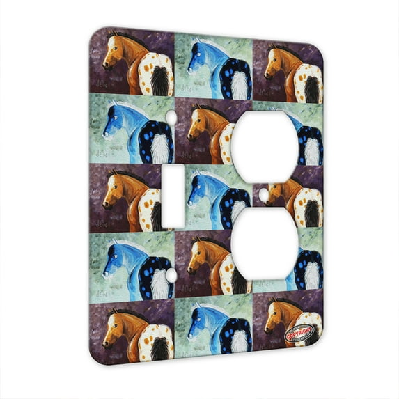 KuzmarK™ 2 Gang Single Toggle / Single Duplex Wall Plate - Buckskin Appaloosa Foal on Purple Horse Pattern Art by Denise Every