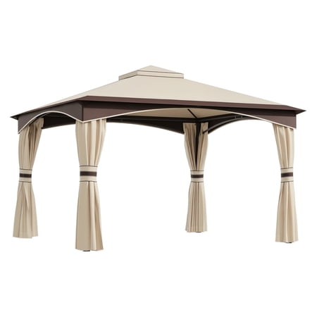 10x12 Outdoor Gazebo with Netting Patio Canopy Steel Frame - Beige/Brown