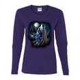 thumbnail image 2 of American Flag Howling Wolf Animal Lover Womens Graphic Long Sleeve T-Shirt, Purple, Small, 2 of 3