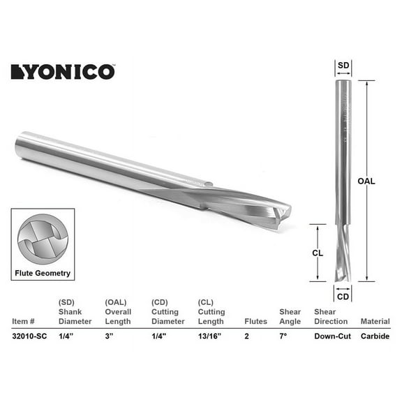 Yonico CNC Router Bit Low Helix Down Cut Long Reach 1/4" X 13/16" - 32010-SC