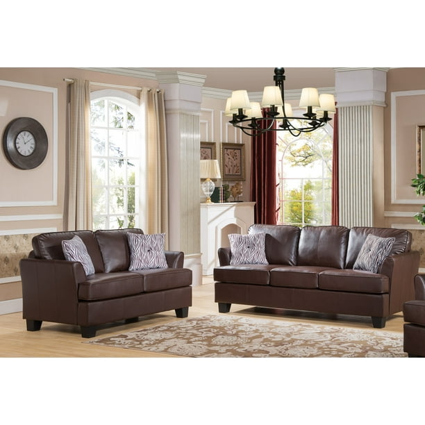 Chantal 2 Piece Transitional Living Room Set Brown Upholstered Faux Leather Loveseat Sofa Com Piece Transitional Living Room, Transitional Leather Sofa