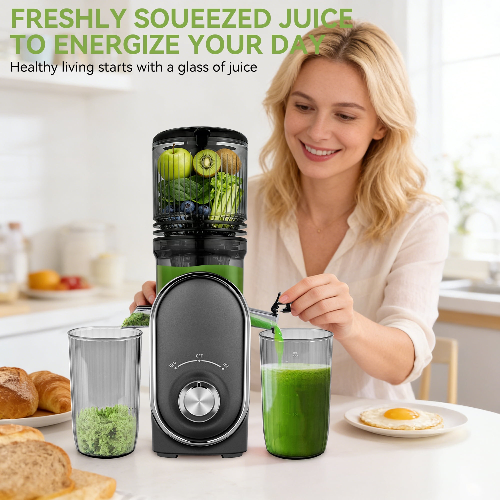 Pukomc Slow Juicer - 300W Cold Press Juicer with 5.3" Wide Chute, One-Touch Operation & Auto Stop, High Juice Yield, Easy Clean, Includes Juice & Pulp Cups(Silver Gray)