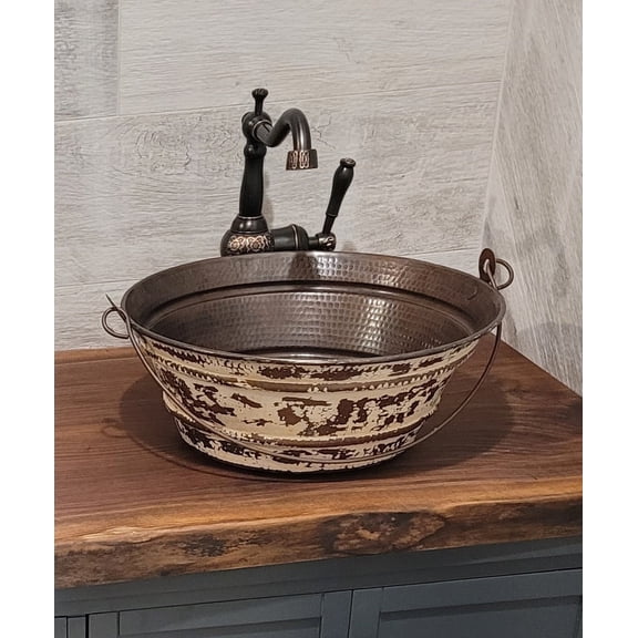 15" Round Copper Vessel Cottage Chic Bucket Sink Antique White Exterior Drain Included