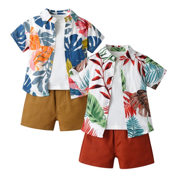 Toddler Boys Outfit Sets 3 Piece Summer Hawaiian Floral Shirt Solid T-Shirt Shorts Beach Vacation Casual Wear Size 18-24M
