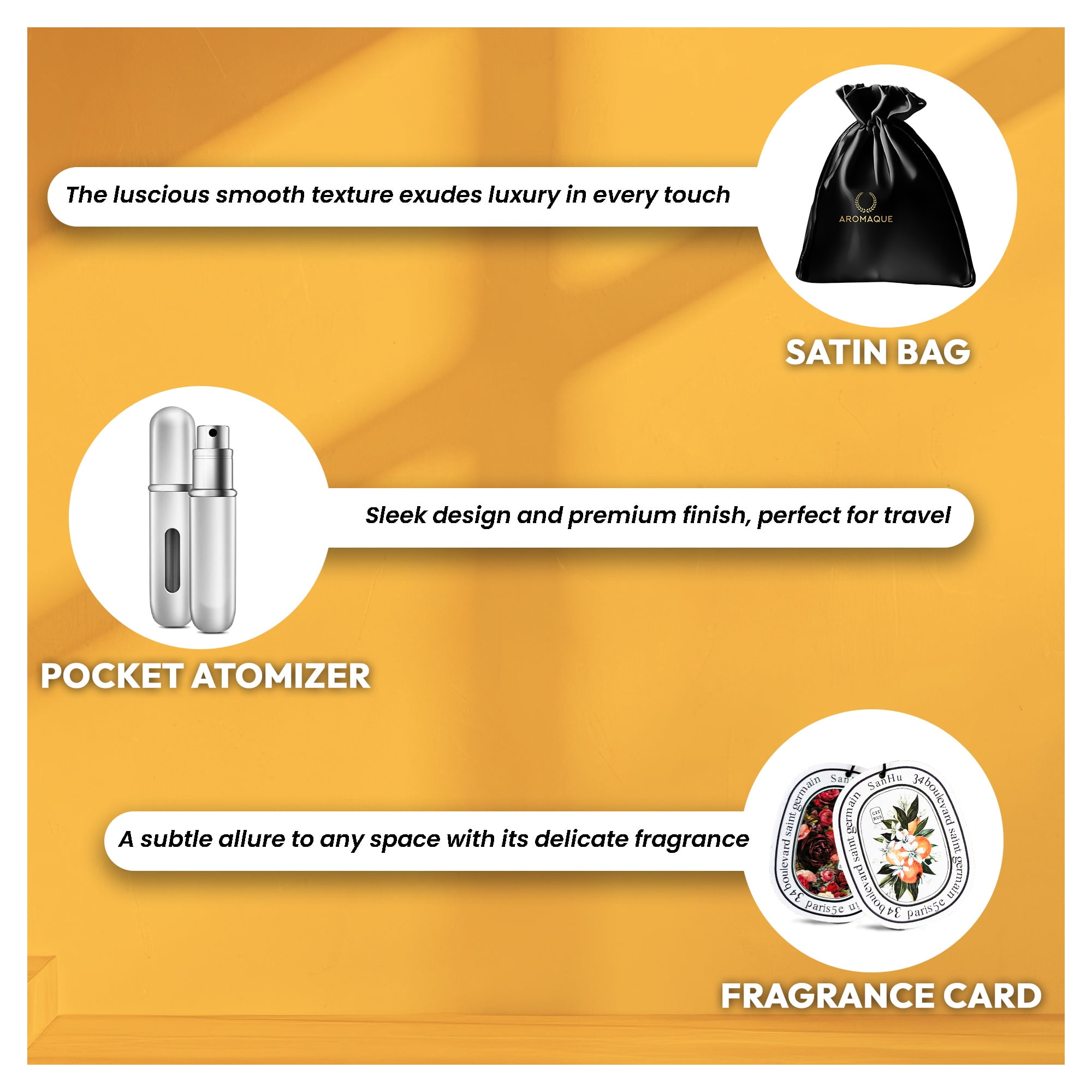Aromaque Bundle: Lattafa Khamrah Perfume 3.4oz, Refillable Bottle, 2 Car Fresheners & Satin Bag