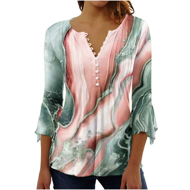 Blusa de verano para mujer con estampado de pliegues sexy y mangas 3/4 con cuello en V y botones OAVQHLG3B Store lin121212