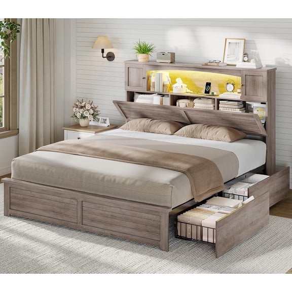 Farmhouse Full Size Bed Frame with Bookcase Headboard, Wood Platform Bed with LED Lights & 4 Drawers, No Box Spring Needed, Grey