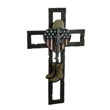 Heroes Appreciation Gifts Faux-Metal Fallen Soldier Memorial Wall Cross with American Flag and Heart Theme,