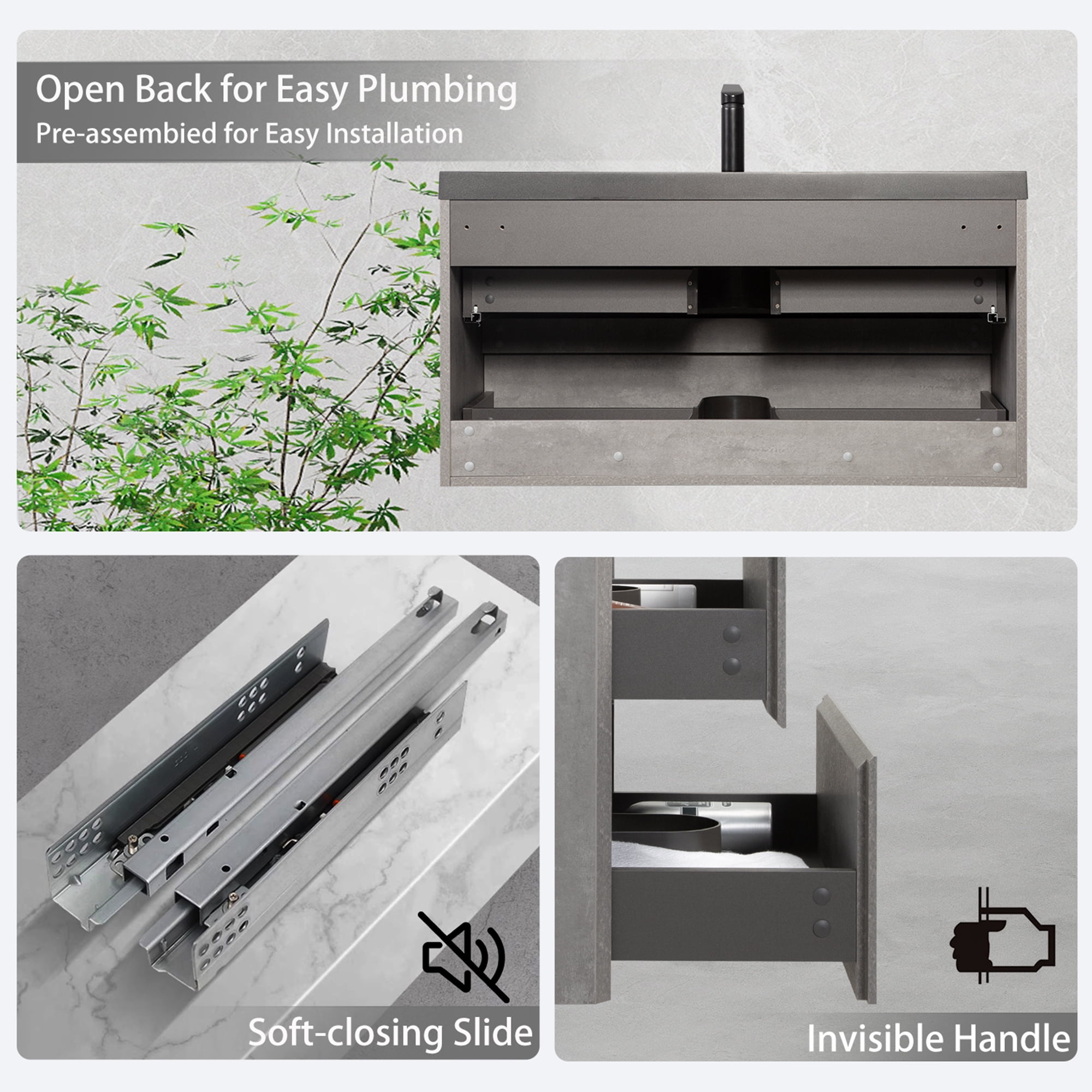 Demi Bonn 41" Floating Bathroom Vanity with Sink, Black Quartz Sand Top Basin and 2 Soft Close Drawers, Faucets and Drains Not Included, Gray