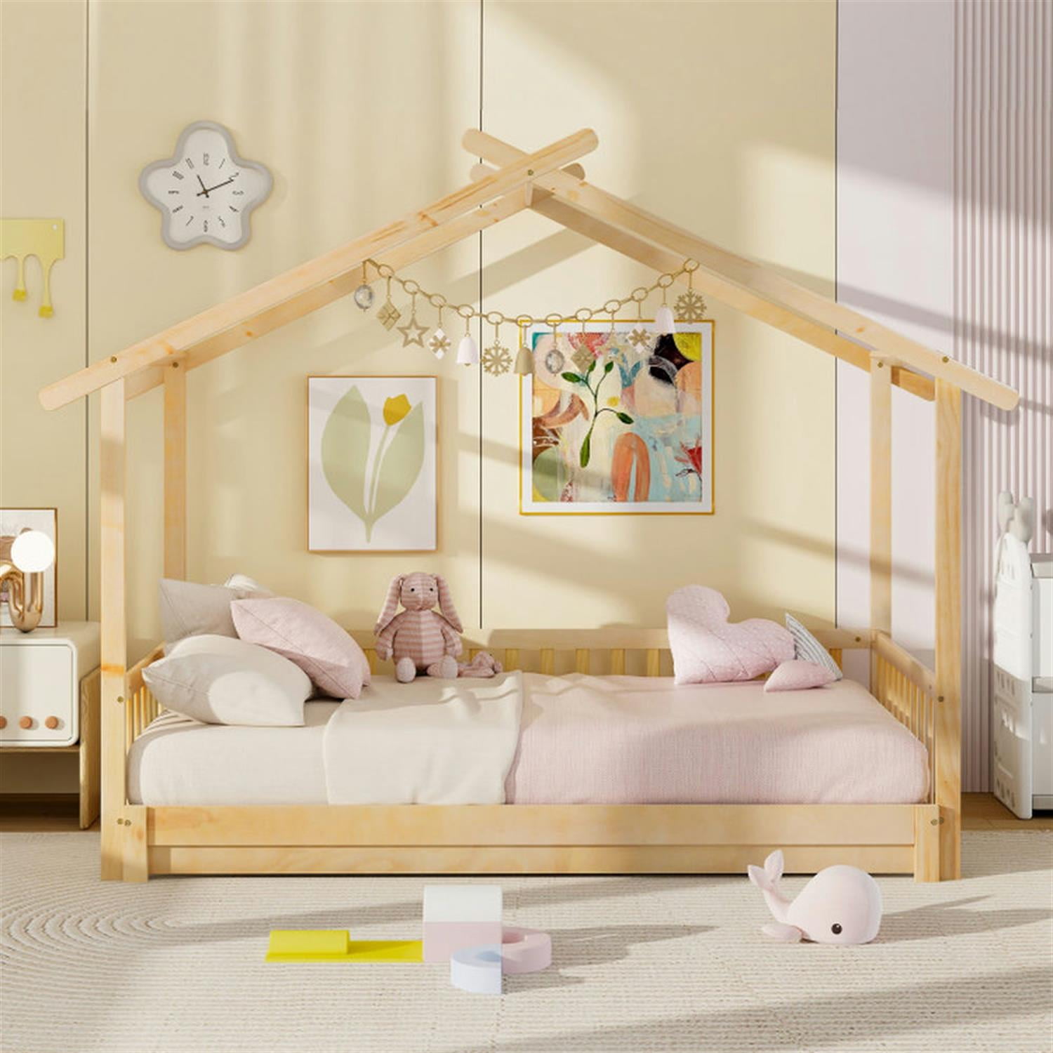 Demi Bonn Extendable House Bed Twin to King Daybed with Roof and Fence Rails, Modern Platform Bed Frames for Teens, Beige