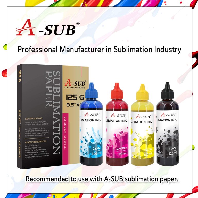 A-sub 480ml Sublimation Ink Refill Compatible with Epson WF7720 WF7710 ET2720 ET2760 ET2650 ET2750 C88 C88+ Inkjet Printer for Heat Transfer DIY Gift