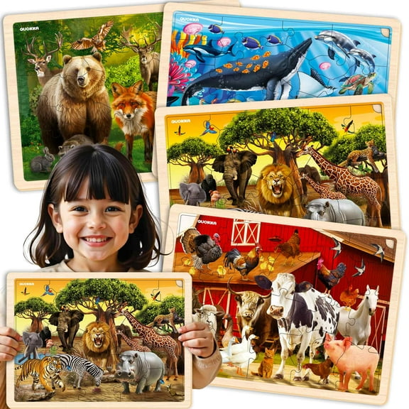 QUOKKA 4SET Wooden Puzzles for Kids 3-6 - 48 Pcs Toddler Realistic Puzzles with Animals & Ocean