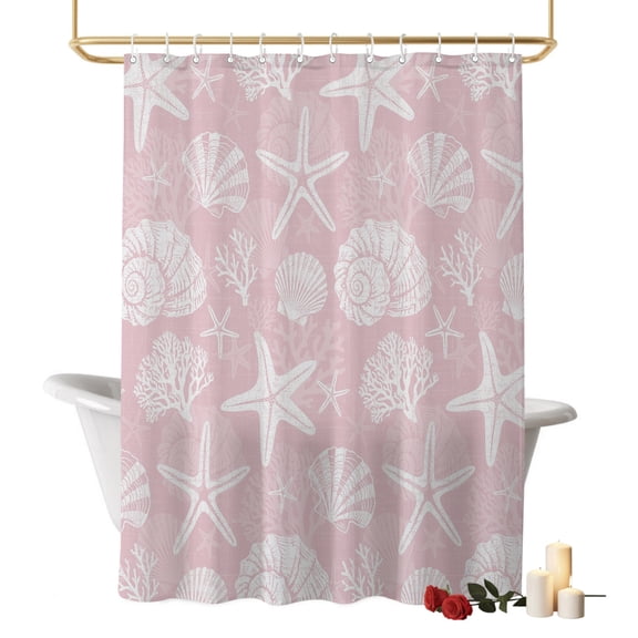 Summer Pink Ocean Bathroom Shower Curtains with Hooks, Coastal Nautical Sea Starfish Seashell Coral Conch Waterproof Fabric Washable Shower Curtain for Home Hotel Bathtub Decor 54x78 Inch