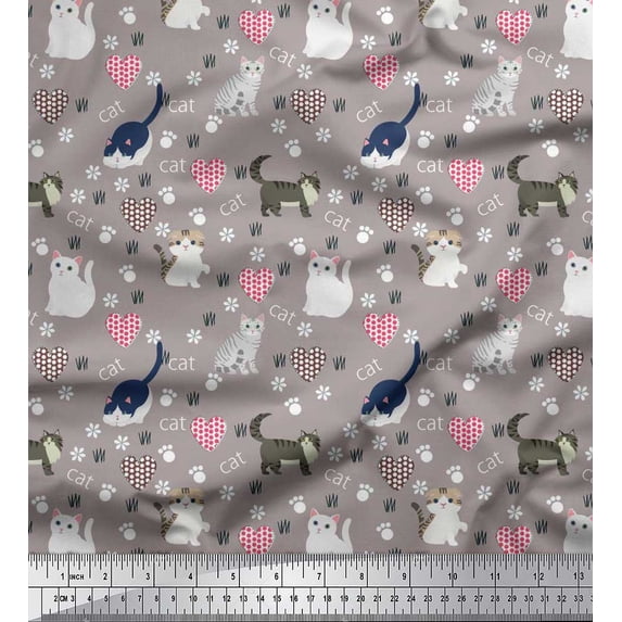Soimoi Poly Georgette Fabric Heart,Footprint & Cat Animal Print Sewing Fabric Yard 52 Inch Wide