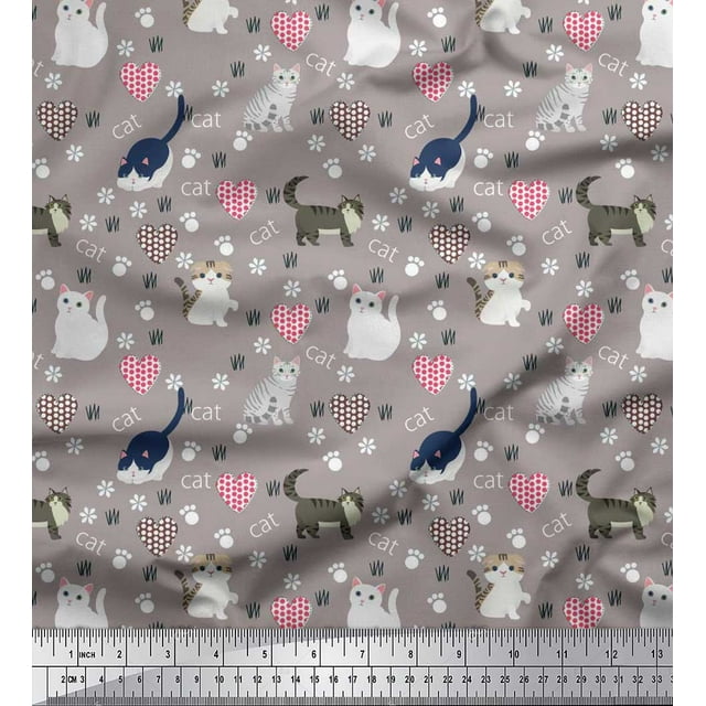 Soimoi Moss Georgette Fabric Heart,Footprint & Cat Animal Fabric Prints by Yard 42 Inch Wide