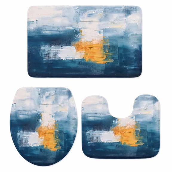 Navy Blue Yellow Bath Mat 3 Piece Bathroom Rug Set, Modern Oil Painting Art Abstract Non Slip Bath Rug Contour Mat and Toilet Lid Cover, Absorbent Shower Mats Soft Bath Rugs and Mats Sets