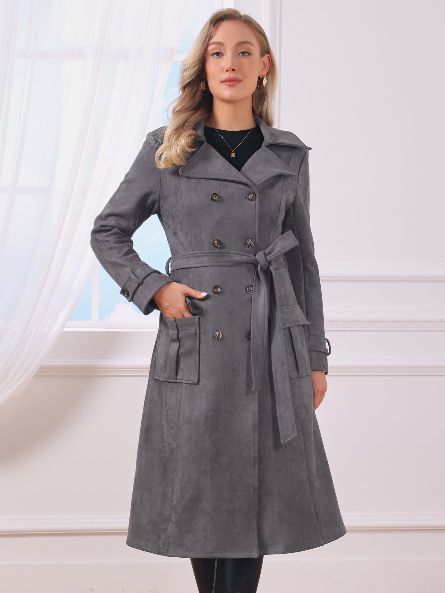 DARING DIVA Women's Long Faux Suede Jacket Fall Winter Trench Coat with Pockets XL Gray