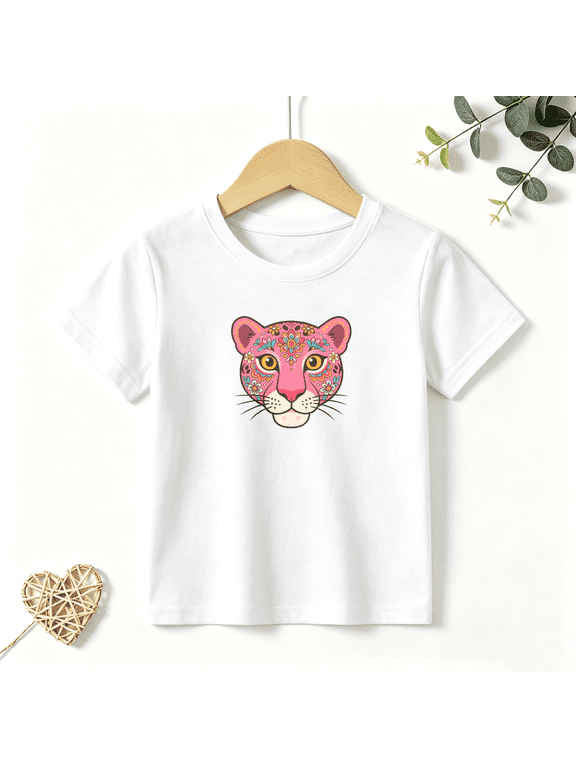 Girls Graphic Tees Pink Leopard Face Kids T Shirt Boho Floral 100% Cotton Short Sleeve Soft Tops 4-13Y
