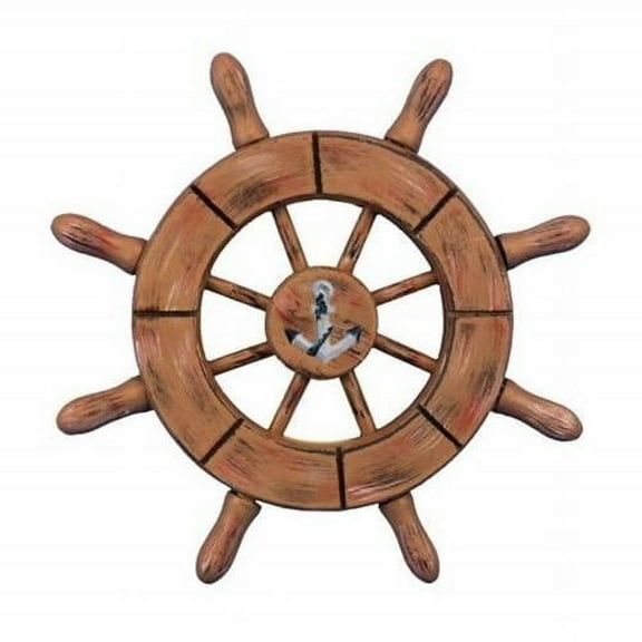 Handcrafted Model Ships SW-6-107-anchor-NH 6 in. Rustic Wood Finish Decorative Ship Wheel with Anchor