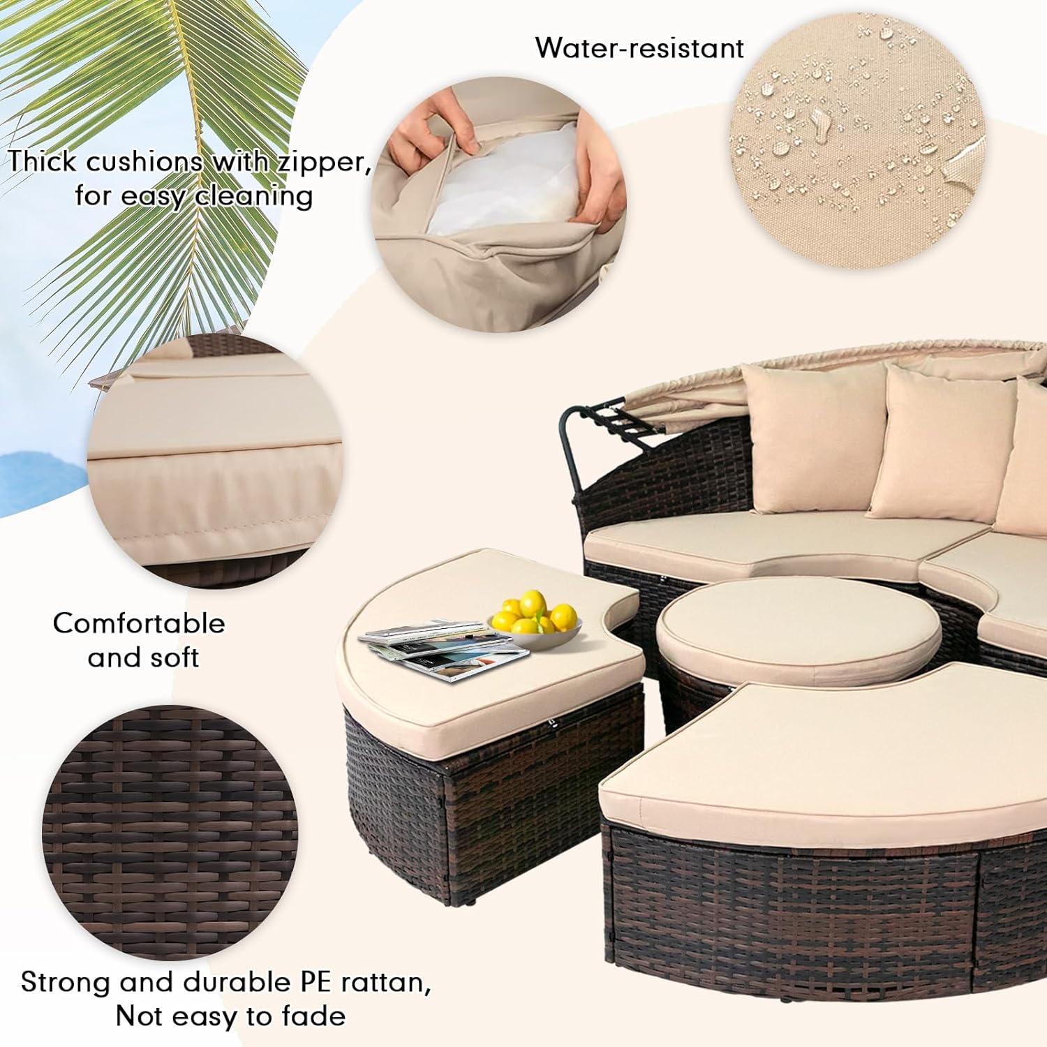 SYNGAR 6 Pieces Outdoor Sunbed Daybed Set with Canopy, Patio Rattan Sectional Furniture Set with Coffee Table, Cushioned Wicker Conversation Sofa Set for Backyard, Deck, Poolside, Garden, Beige, D6308 - image 4 of 10