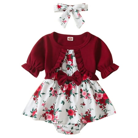 

Viworld Newborn Baby Girl Bodysuits Short Sleeve Round Neck Button Ribbed Romper Onsie Floral Dresses + Bow Headband Outfits Set Red 3-6 Months