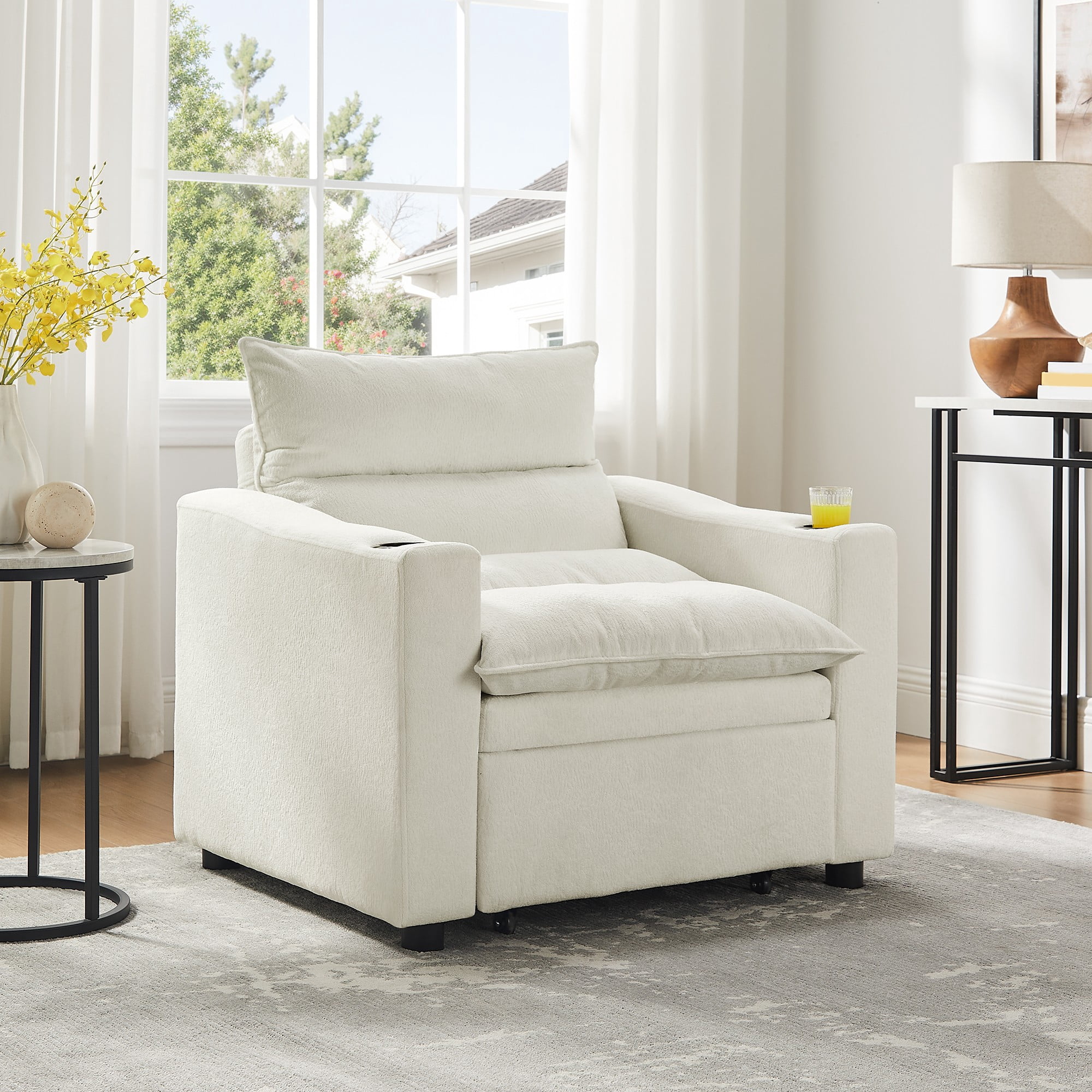 Aukfa Sleeper Sofa Chair Bed with Thick Pad and Cup Holders, Convertible Pull Out Sofa Couch, Beige