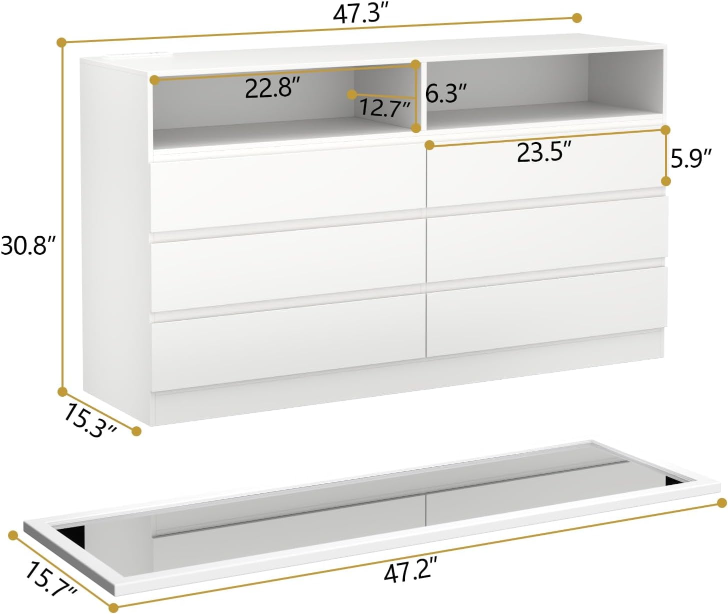 6 Drawer Dresser with Full Length Mirror 48"x16" ,Wide Chests of Drawers with LED Light,White Storage Dresser with Power Outlet,Modern Dressers for Bedroom, Living Room, Hallway(White)