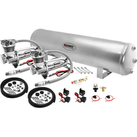 Vixen Air 5 Gallon (18 Liter) Silver Steel Tank with Dual 200 PSI Chrome Compressor Onboard System/Kit for Suspension/Train Horn 12V (Best Onboard Air System)