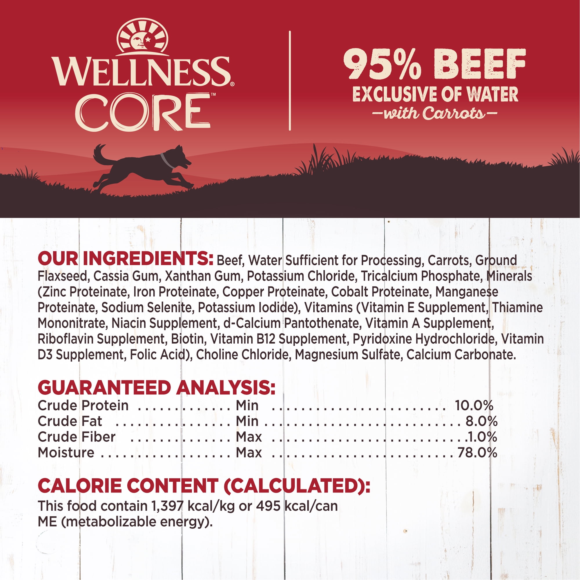 Wellness CORE 95% Adult Canned Wet Dog Food, Grain Free, Natural, Beef with Carrots Recipe, 12.5 oz, Pack of 12 Cans