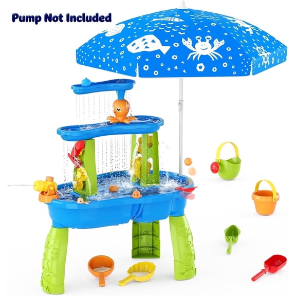 JoyStone 3-Tier Kids Sand Water Table with Umbrella, Outdoor Sensory Play Table Toy, 28.66" Tall, Summer Gift for Kids (Pump Not Included)