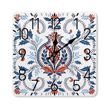 RKSupls 10×10inch Square Silent Wall Clock Wooden Frame, Indigo Floral Medallion Pattern Scale Decorative Clock for Home Bedroom Living Room Office
