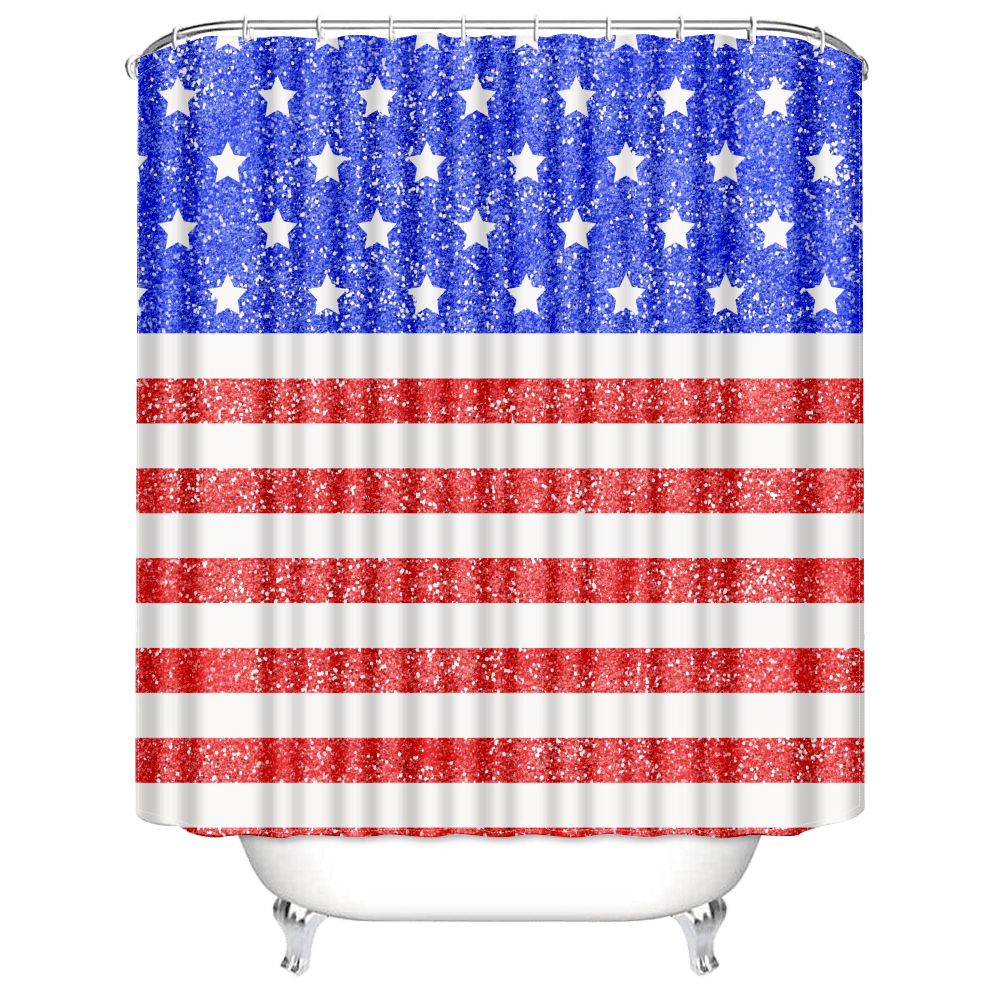 4th of July Shower Curtain with 12 Hooks, President's Day Shower Curtains Blue and Red Stars